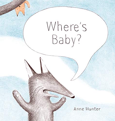Illustration of a worried wolf looking up at a baby bird in a speech bubble.