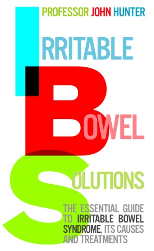 Book cover titled Irritable Bowel Solutions by Professor John Hunter with large colorful lettering.