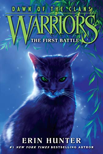 Book cover: dark blue cat with green eyes, “Warriors” title above.