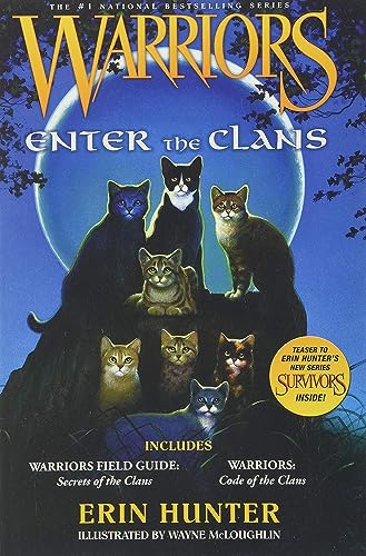 Book cover featuring several cats against a large blue moon and dark forest background.