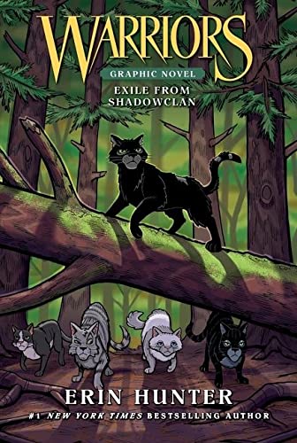 Black cat on a branch, with other cats below, forest background.