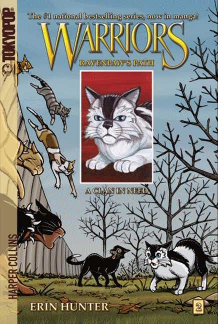 Warriors manga cover featuring cats in a forest, Ravenpaw prominent.