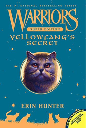 Book cover featuring a gray cat’s face with the title “Yellowfang’s Secret.”