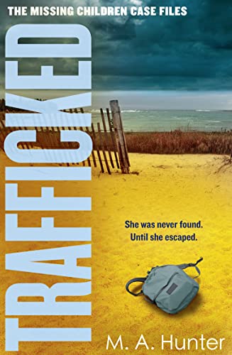 Book cover: "Trafficked" with a beach scene, backpack, and text overlay.