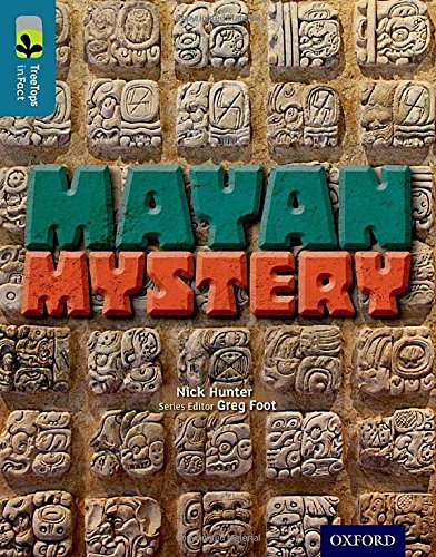 Book cover: “Mayan Mystery” with carved stone imagery and green title.