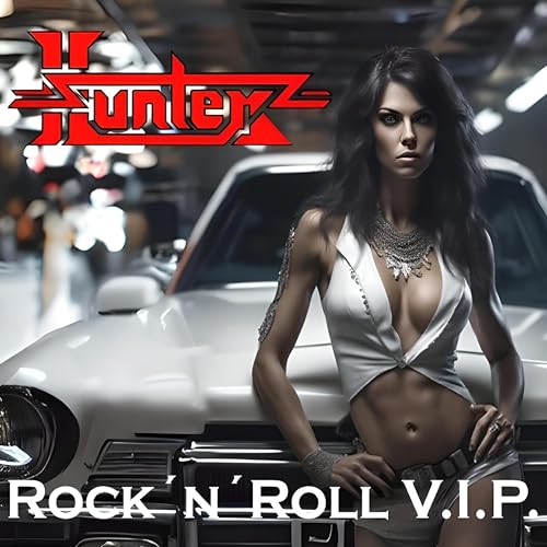A woman in a white top posing against a white car with Hunter logo.