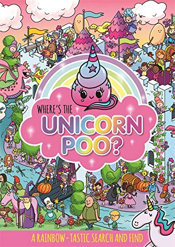 Colorful children's book cover featuring a cartoon unicorn poo character and a crowded scene.