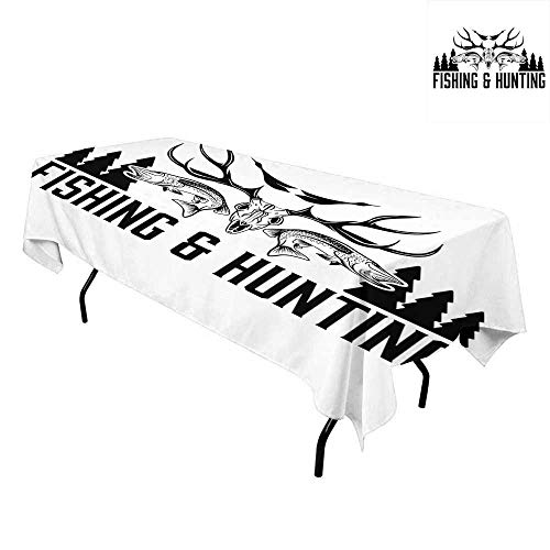 Rectangular white tablecloth with black hunting and fishing themed graphics.