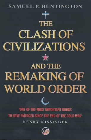 Book cover for The Clash of Civilizations by Samuel P. Huntington on dark background.