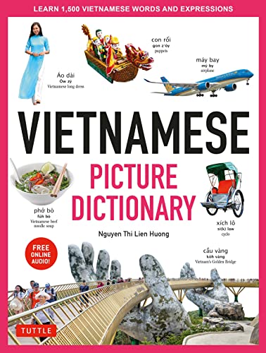 Vietnamese picture dictionary cover with images of culture, food, and transport.