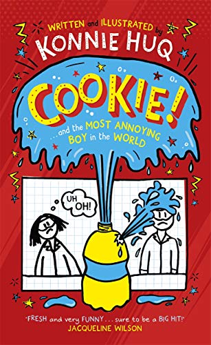 Book cover: girl, boy with water spray, and bright yellow and red design.