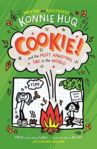 Book cover with cartoon illustrations of a girl, campfire, and text.