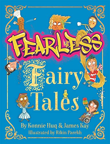 Book cover for Fearless Fairy Tales with cartoon characters on a bright blue background.