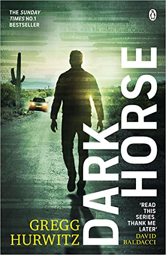 Book cover: man walking on a road, desert landscape, large title "DARK HORSE".