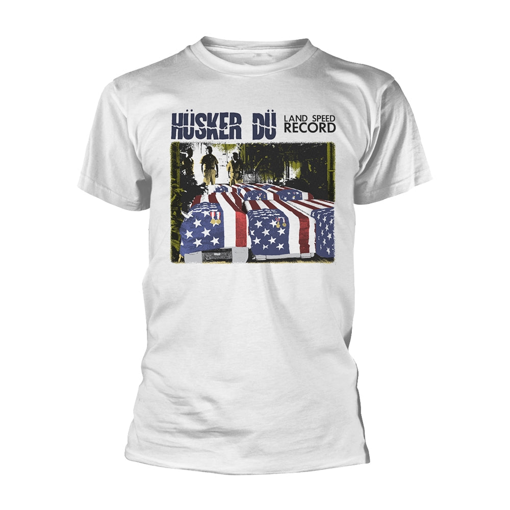 White t-shirt with Hüsker Dü album art depicting a flag-draped coffin.