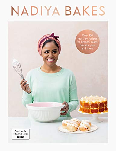Cookbook cover featuring Nadiya Hussain with baked goods and baking tools.