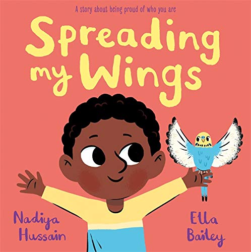 Boy with outstretched arms looks at a white bird with blue accents.