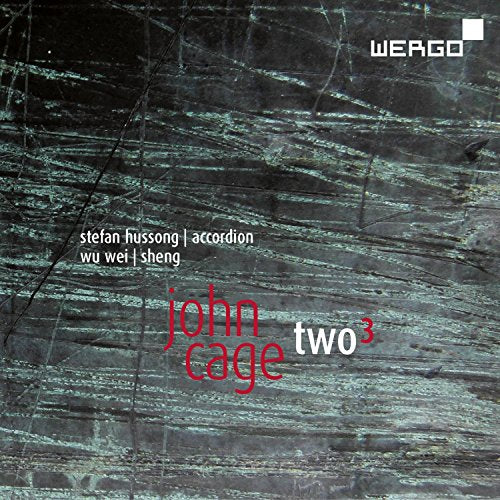 CD cover featuring John Cage Two3 text over a dark, scratched, textured background.