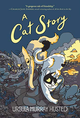 Book cover: two cats playfully interact on a rocky, illustrated landscape.