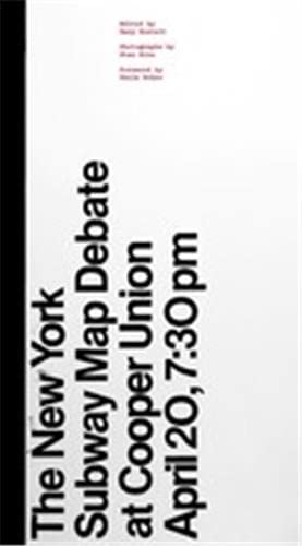 White poster with red text announcing a New York subway map debate.