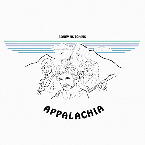 Line drawing of Loney Hutchins and band members with mountains on a white background.