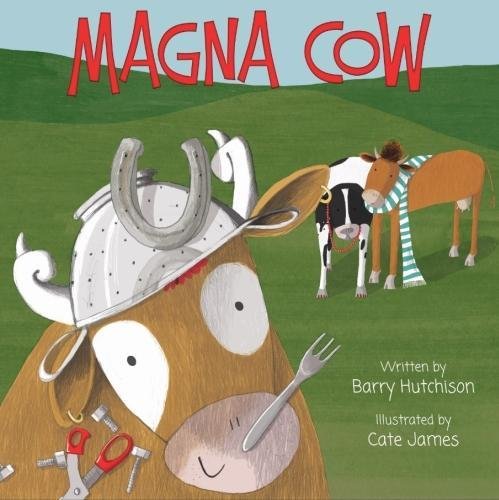 Cartoon cow wearing a knight's helmet with tools scattered around.