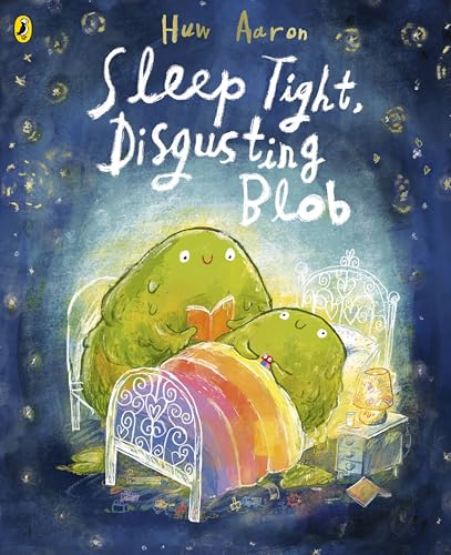 Book cover: green blob creatures reading in bed, starry background.