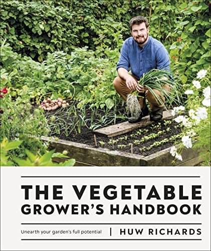 Book cover: gardener with vegetables, title "The Vegetable Grower's Handbook".