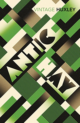 Book cover for "Antic Hay" with geometric green and black design.