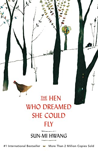 Book cover illustration featuring a hen walking among stylized trees against a white background.