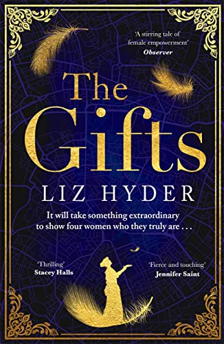 Book cover for “The Gifts” with gold lettering, feathers, and city map.
