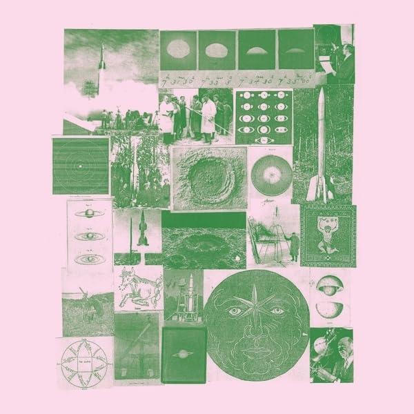 Collage of vintage photos and illustrations in shades of green and pink.