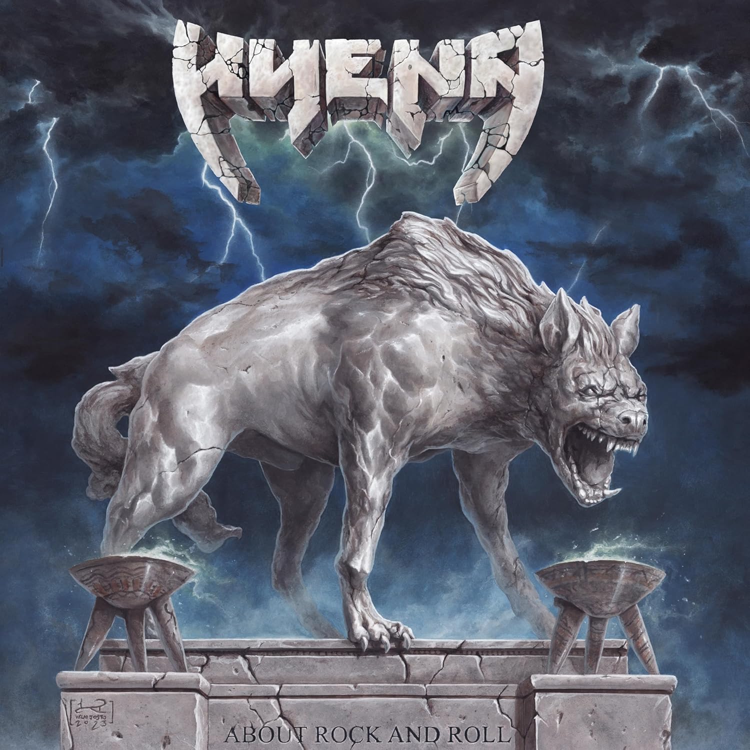 A stone hyena statue stands on a pedestal under a stormy, lightning-filled sky.