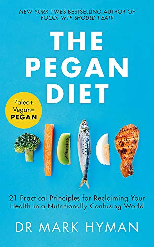 Book cover for The Pegan Diet by Dr. Mark Hyman on a blue background.