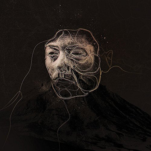 Dark, textured portrait of a face outlined in gold lines.