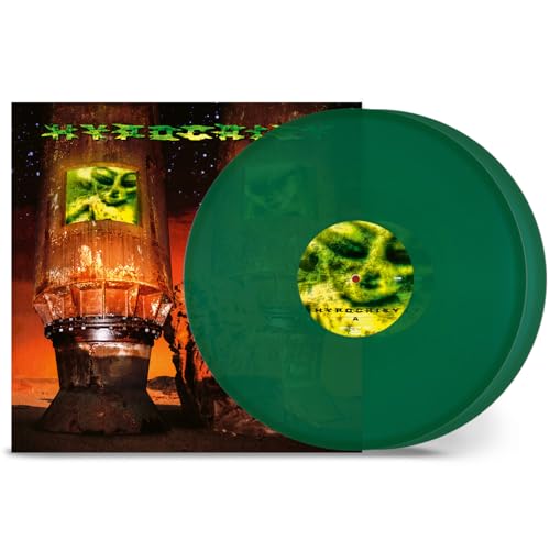 Hypocrisy vinyl record with green translucent disc and alien-themed cover art.
