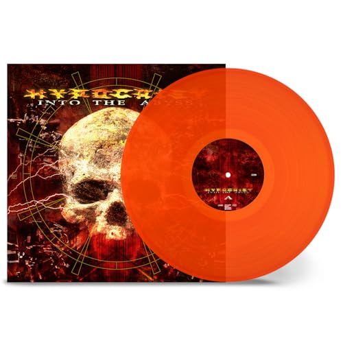 Orange vinyl record with album art featuring a skull and geometric shapes.