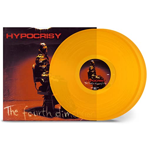 Yellow vinyl record and album cover for Hypocrisy’s “The Fourth Dimension.”