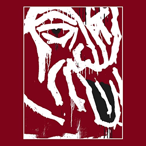 Red album cover with abstract white and black face illustration.