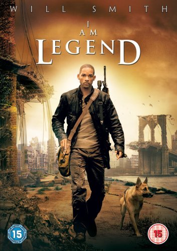 Will Smith and a dog stand in a desolate, post-apocalyptic city.