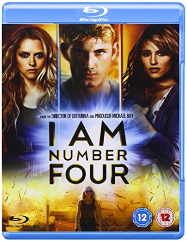 I Am Number Four" Blu-ray cover featuring three young adults and a small figure below.