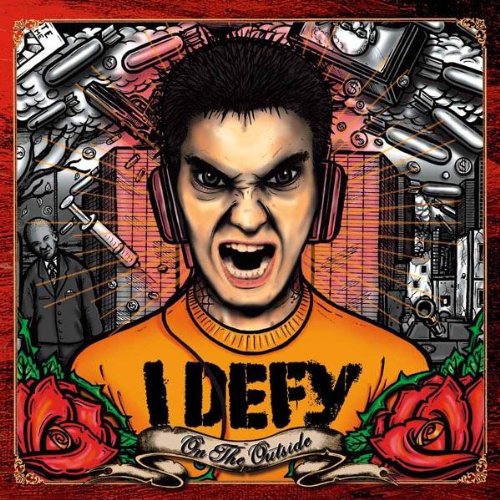 CD cover: Angry man with headphones, surrounded by syringes and buildings.