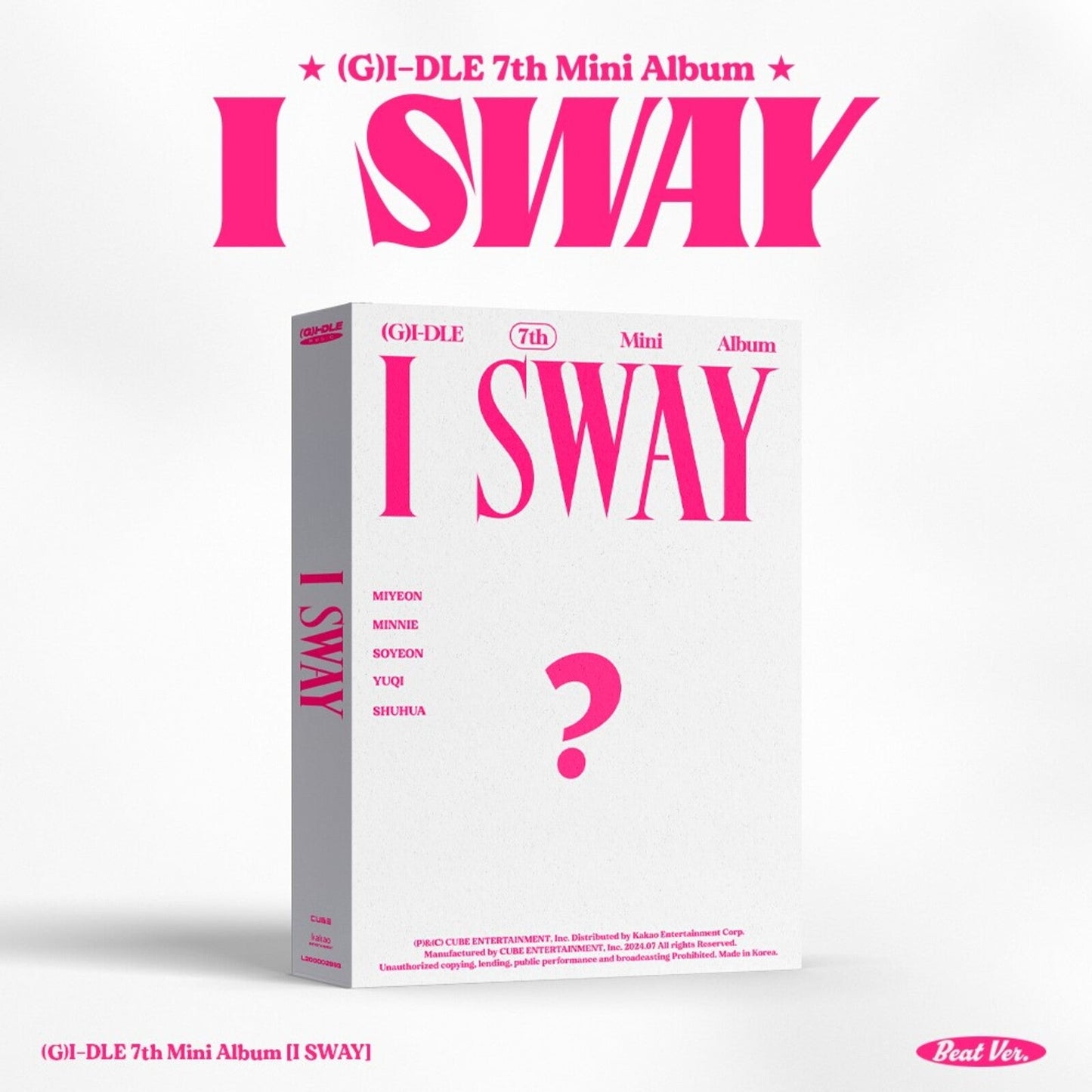 White album cover for (G)I-DLE's I Sway with pink text and a question mark.