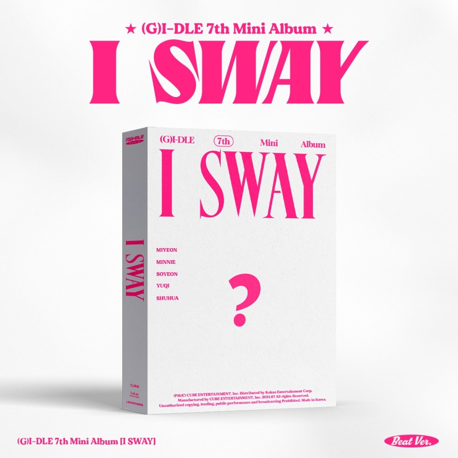 White album cover for (G)I-DLE's I Sway with pink text and a question mark.