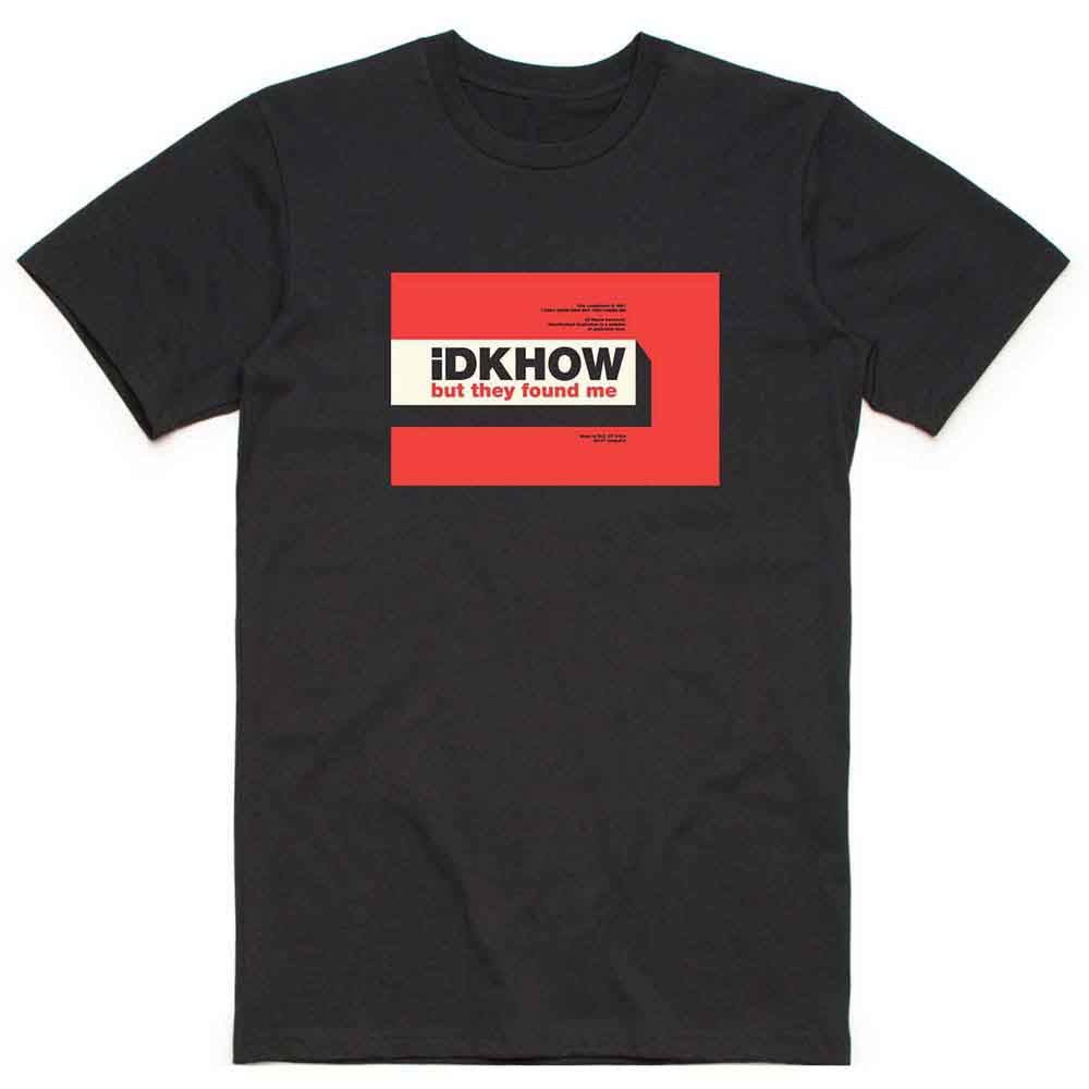 Black t-shirt with a red and white "IDKHOW" graphic print.