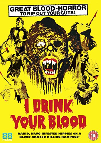 DVD cover for I Drink Your Blood featuring a large monster face on yellow background.