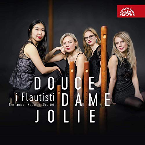 CD cover featuring four women in black dresses with recorders, dark background.