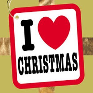 Square "I Love Christmas" tag with a red heart and black text.