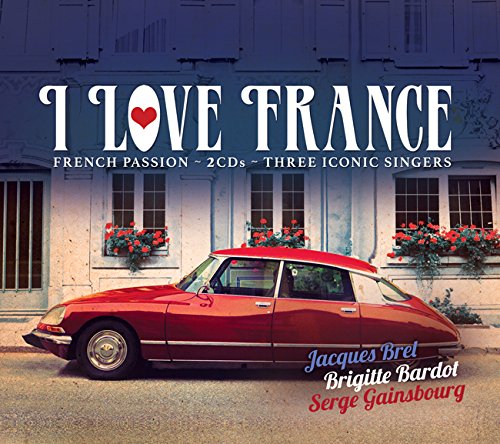 "Album cover with red car, white building, and 'I Love France' text."