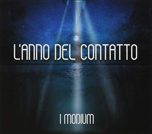 CD cover with blue tones, light beams, and text “L’anno del Contatto”.